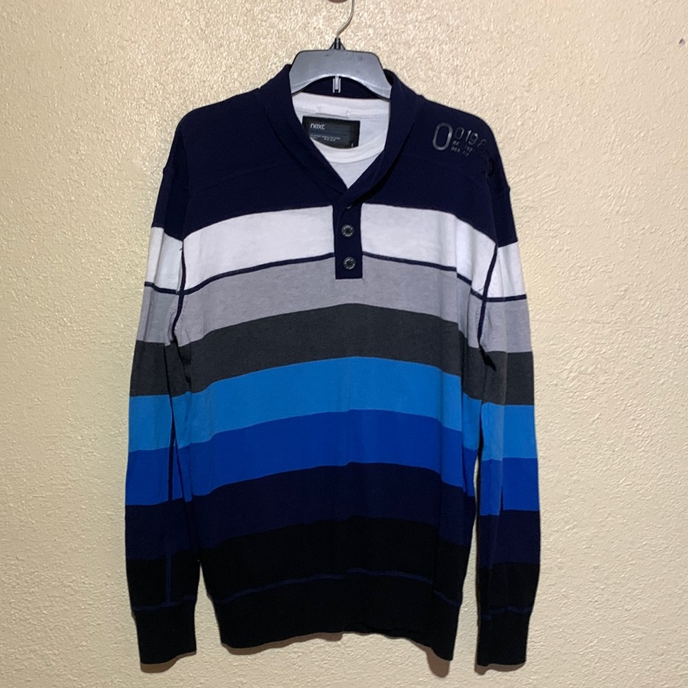 Next Men's Polo Sweater Navy Blue Black White Stripes Size XL 00198-2